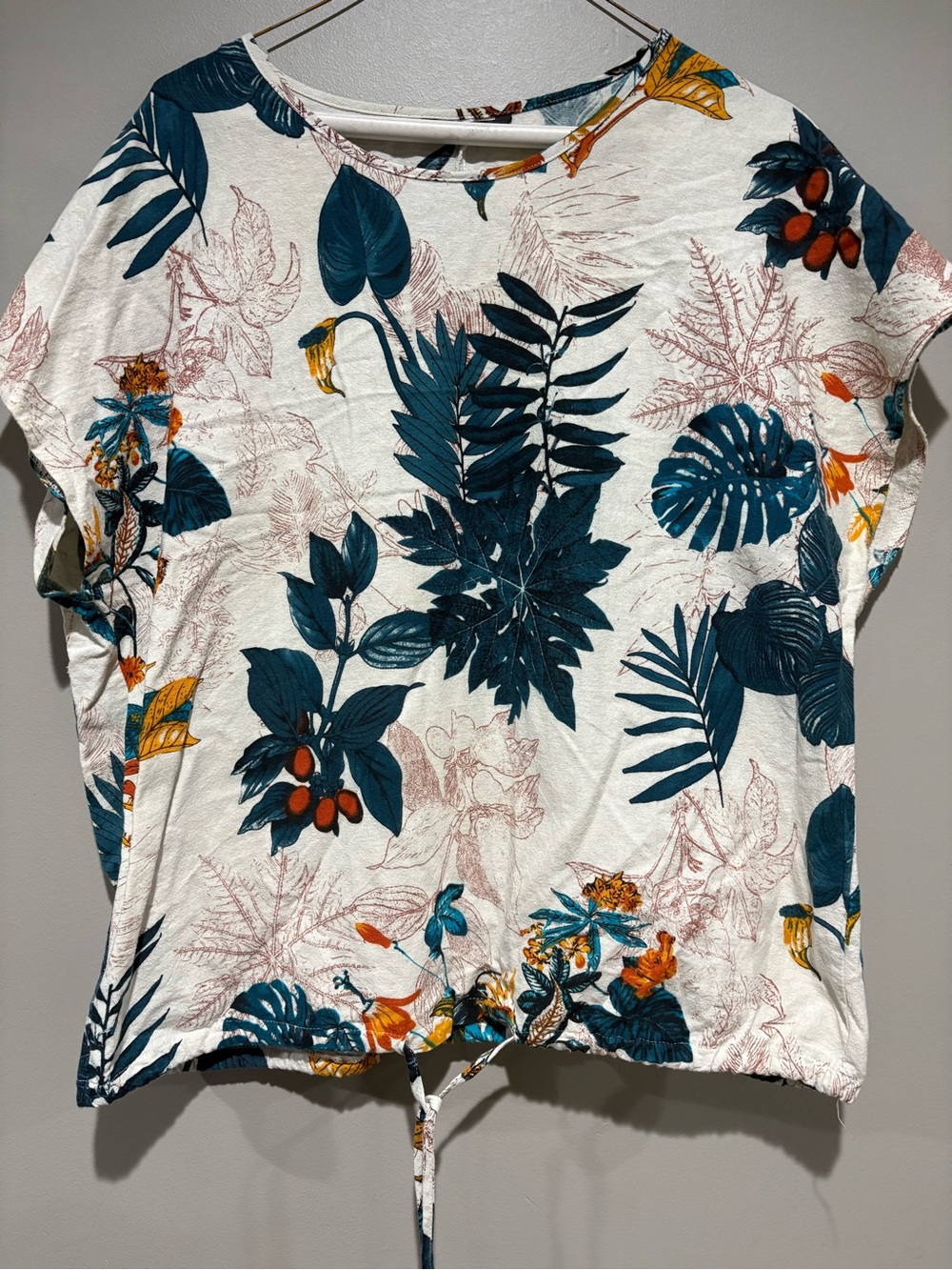 Floral Tie-Hem Women's Top in Teal and White 3XL